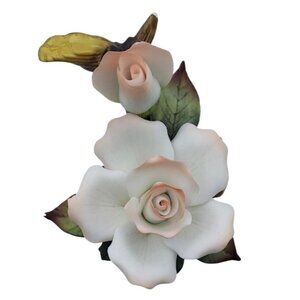 Hand Painted Porcelain Capodimonte Double White Rose Figurine On Branch Taiwan